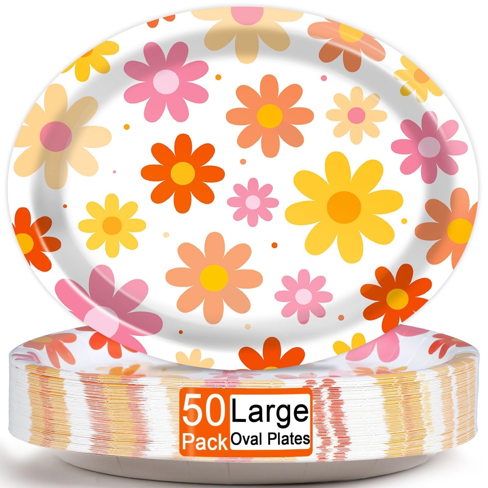 Qyeahkj 50 PCS Groovy Daisy Oval Paper Plates Large 11” Disposable Retro Daisy Party Decorations Hippie Boho Flower Supplies Favor for 60s 70s