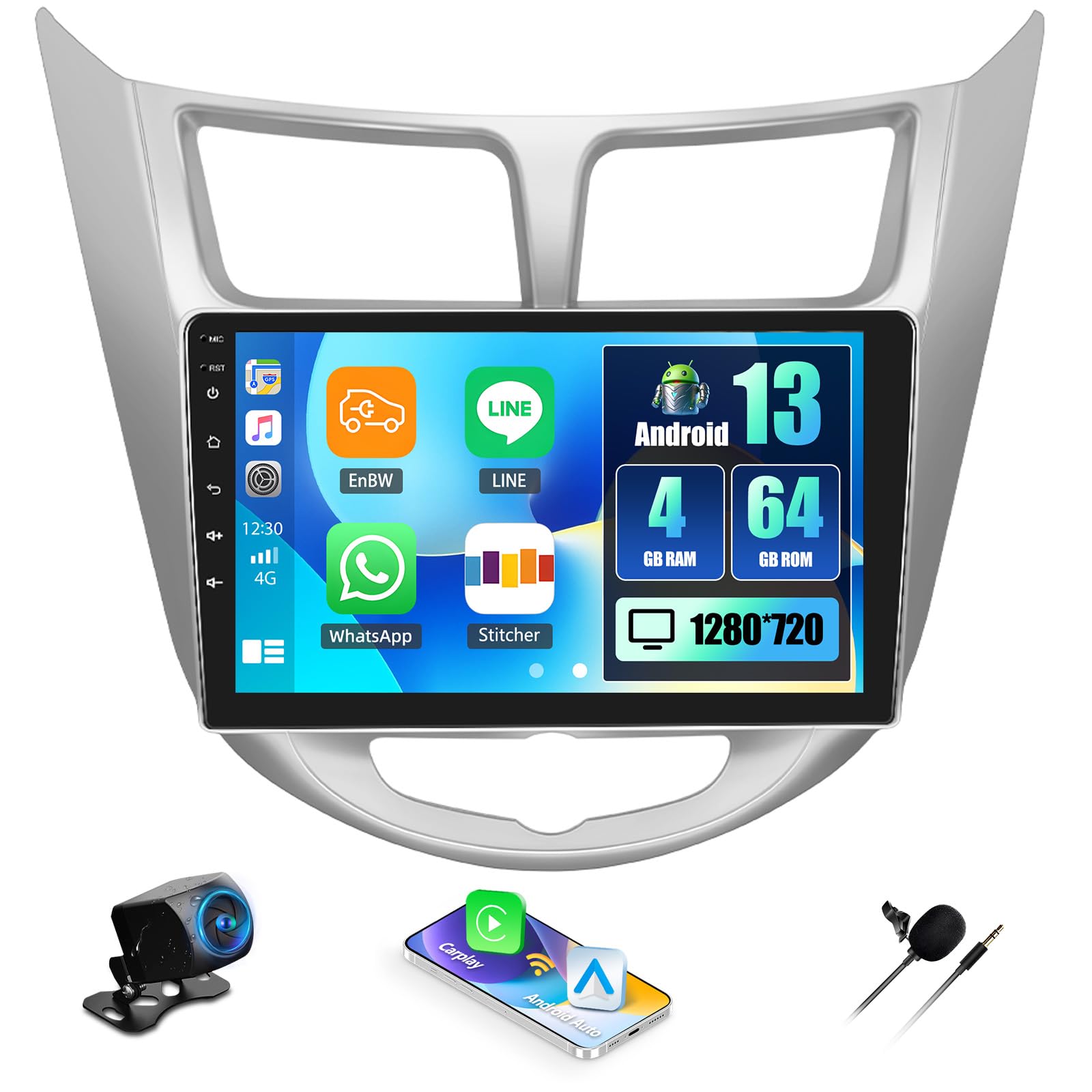 4+64G Android 13 Car Stereo for Hyundai Verna Accent Solaris 2010-2016 with Wireless Carplay, 9'' Touchscreen Car Radio with WiFi Mirror Link GPS