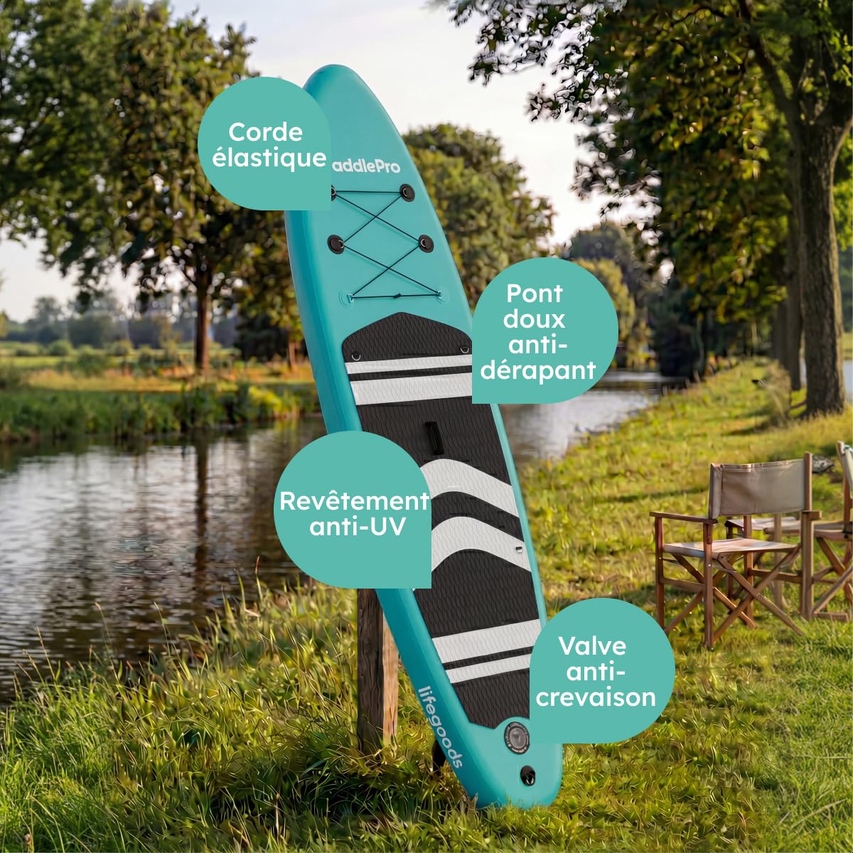 LifeGoods Paddle Gonflable Adulte - Stand Up Paddle Board - Set Complet - Pagaie Réglable - Pompe Incluse - Max. 150KG - 320x81x15cm
