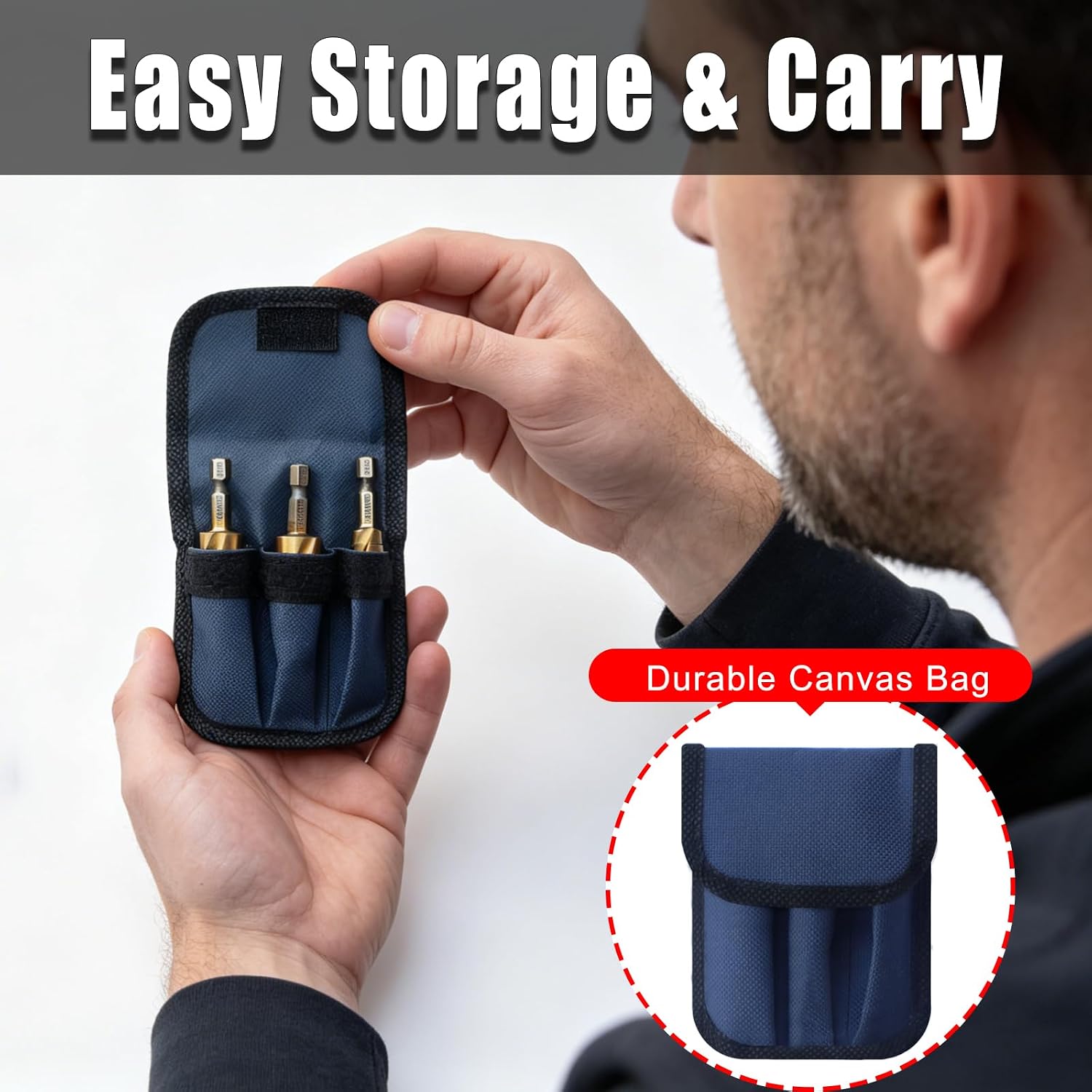 3PCS Titanium Step Drill Bit Set, HSS 4241 Multi-Step Drill Bits with Canvas Storage Bag, Spiral Groove Self-Centering Drill for Thin Steel, Aluminum, PVC, Wood, DIY & Repair