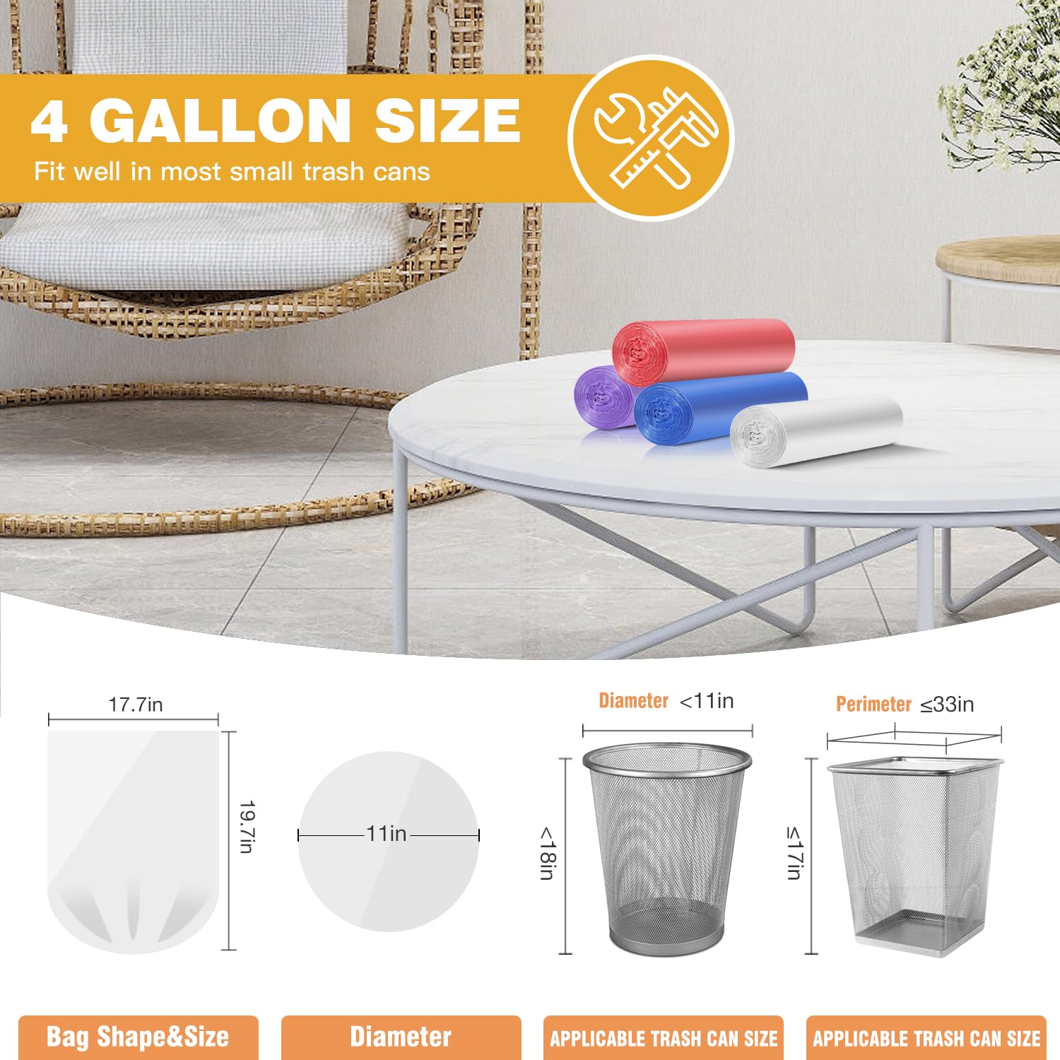 Small Trash Bags 4 Gallon Bathroom Garbage Bags - 100 Count, 4 Colors, Clear Unscented Plastic Mini Trash Bags for Kitchen, Waste Baskets, Office, Bedroom and Car - Bulk Little Garbage Can Liners