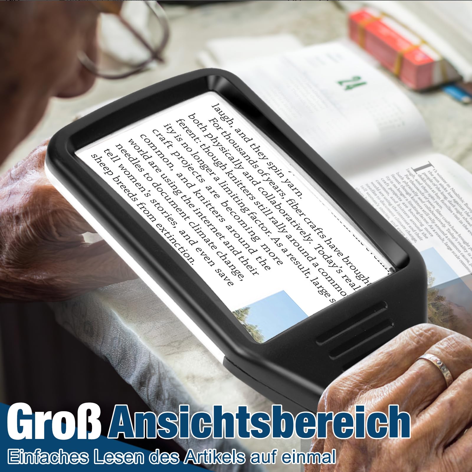Lupe mit Licht aus Optisches Glas, 15-fache Leselupe mit Licht für Senioren groß, Typ-C-Aufladung, 3 Farbmodi, Handlupe, dimmbare beleuchtete Lupe, Lesehilfe für Bücher, Arbeit, Sehschwäche