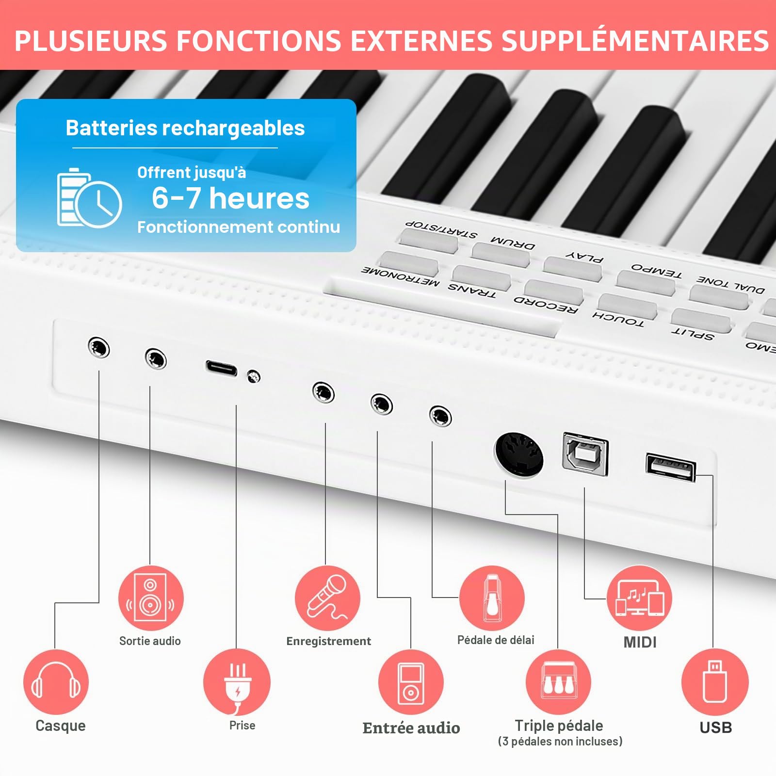 MUSTAR Piano numérique pliable 88 touches avec touches éclairées, piano numérique semi-poids, piano électronique portable avec Bluetooth, MIDI, pédale de sustain, casque pour débutants, blanc
