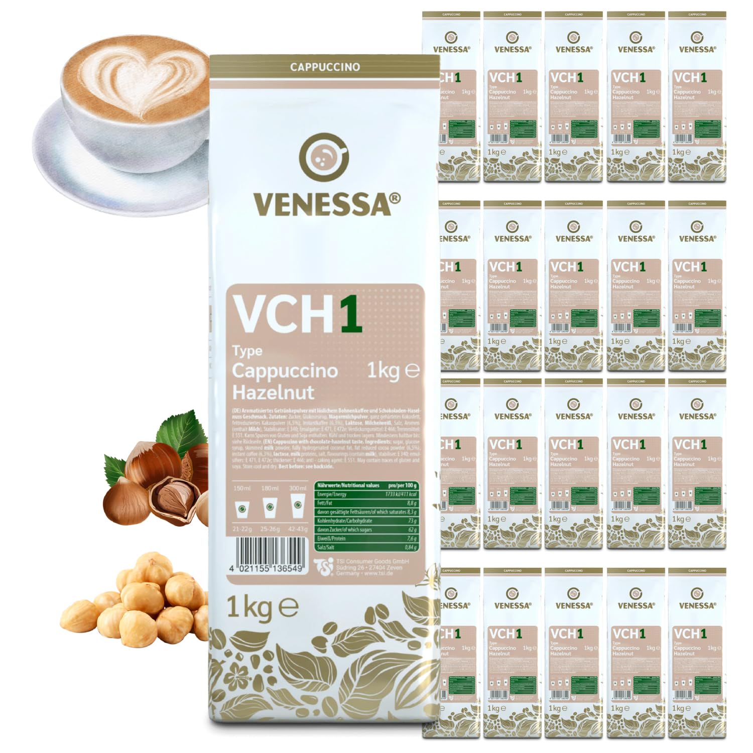 VENESSA VCH1 Cappuccino orzech laskowy, 20 x 1 kg, pyszna, kremowa kawa rozpuszczalna dla klientów biznesowych, vending, firm, gastronomii, dużych firm