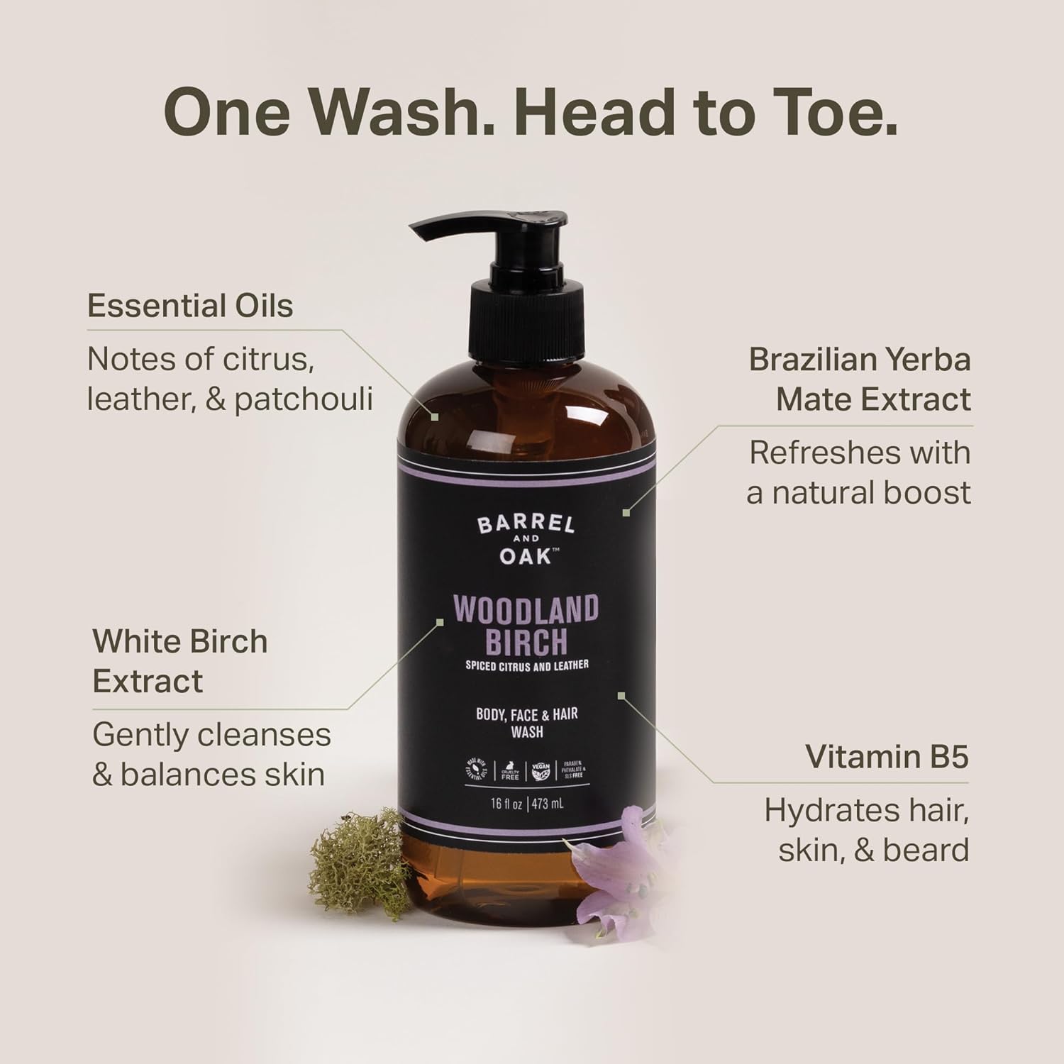 Barrel & Oak Woodland Birch Body Care Set for Men, All-in-One Body Wash, Exfoliating Bar Soap, & 2-in-1 Shampoo and Conditioner Set, Hydrating Grooming Kit, Vegan Gifts for Men, 3-Pack