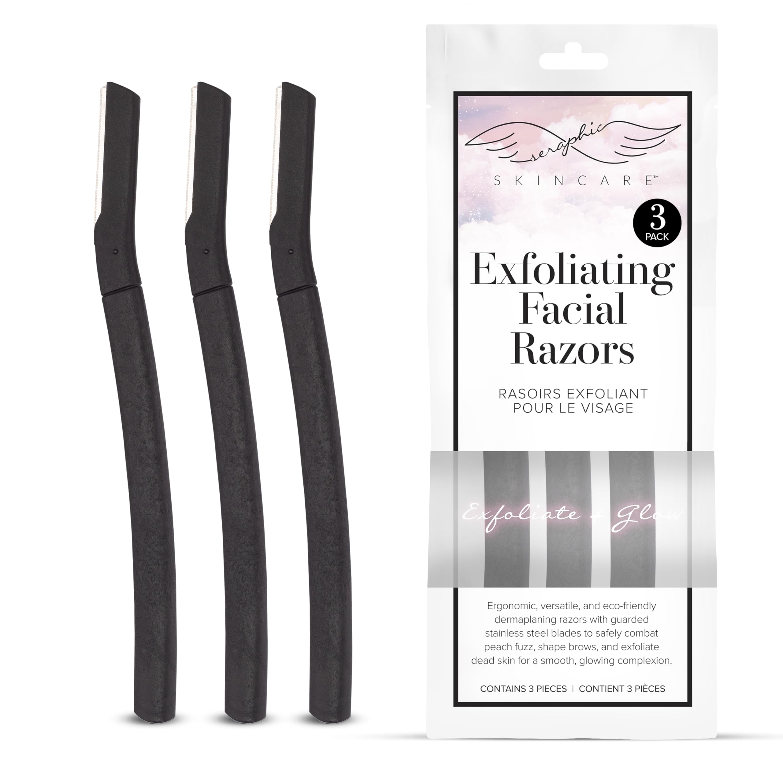 SERAPHIC SKINCAREExfoliating Facial Razor - Eyebrow, Face Razors for Women - Dermaplaning Tool Removes Dead Surface Skin, Unwanted Facial Hair - Swedish Stainless Steel Blade (3-Pack)