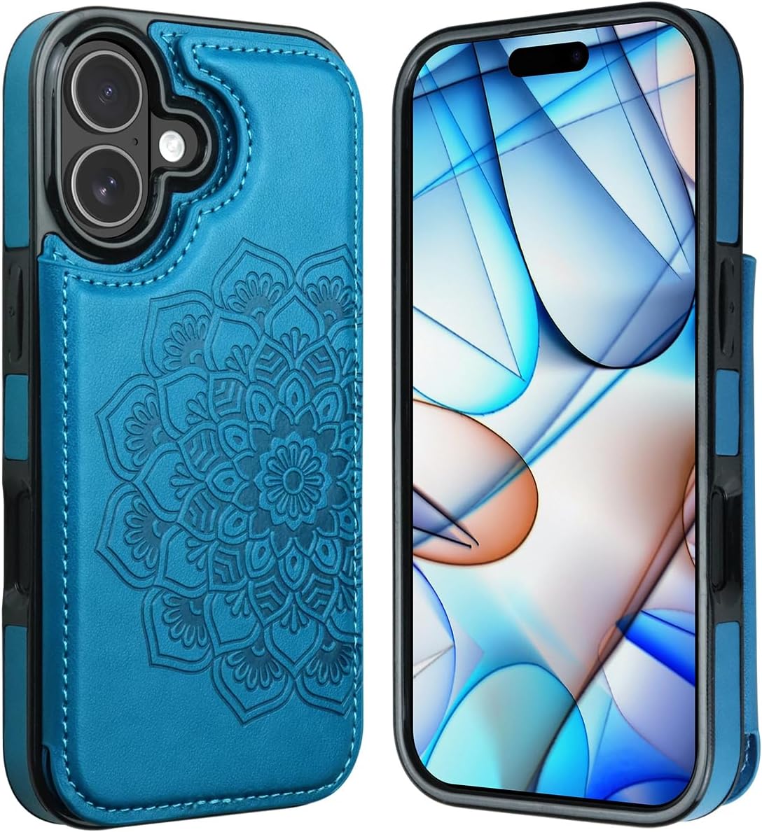 MMHUO for iPhone 17 Case with Card Holder,Flower Magnetic Buttons Protective Wallet Case for Women for iPhone 17 (6.3 Inch),Blue - Image 5