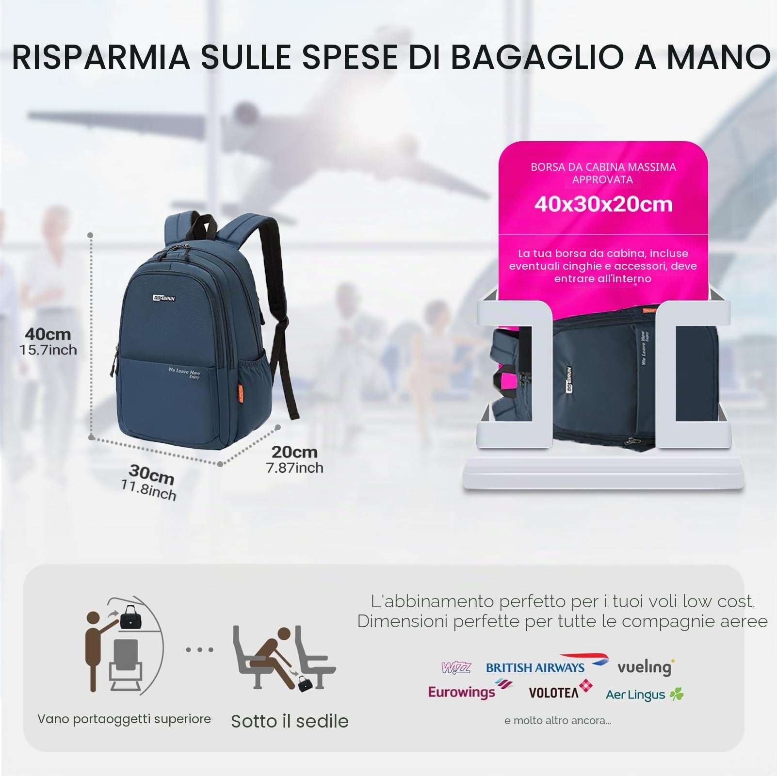 Zaino Wizzair 40x20x30 Zaino da Viaggio Aereo Bagaglio a Mano per Donne e Uomini Impermeabile Borse Valigia Zaini Casual Unisex per Wizz Air EasyJet Laptop Daypack