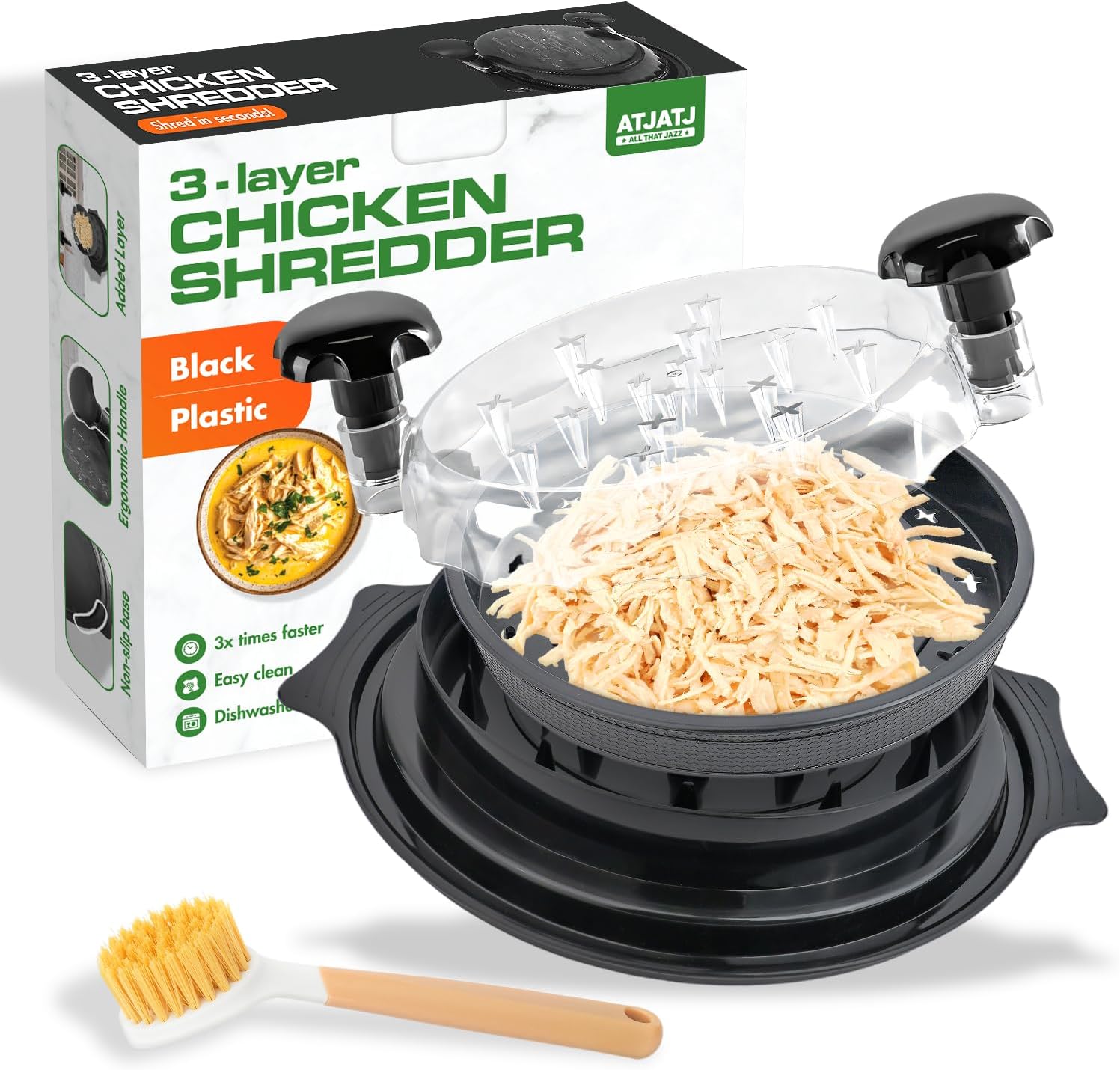 Chicken Shredder Tool Twist, Black Large 3-Layer Design with Brush, Chicken Breast Cutter, Transparent Lid, Anti-Slip Base, Ergonomic Handle, BPA-Free, Dishwasher Safe Meat Shredder for Kitchen Chicken Shredder Tool Twist, Black Large 3-Layer Design with Brush, Chicken Breast Cutter, Transparent Lid, Anti-Slip Base, Ergonomic Handle, BPA-Free, Dishwasher Safe Meat Shredder for Kitchen