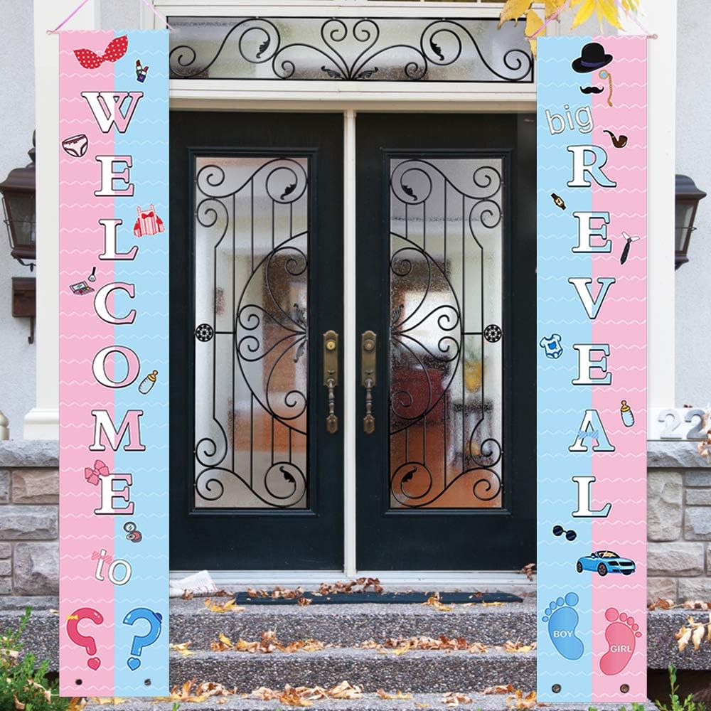 Gender Reveal Party Decorations - Baby Shower Gender Reveal Backdrop Party Supplies Porch Sign – “Welcome to Big Reveal” Baby Unisex Guess Boy Or Girl Banner Photo Props Hanging Door Garden Decor