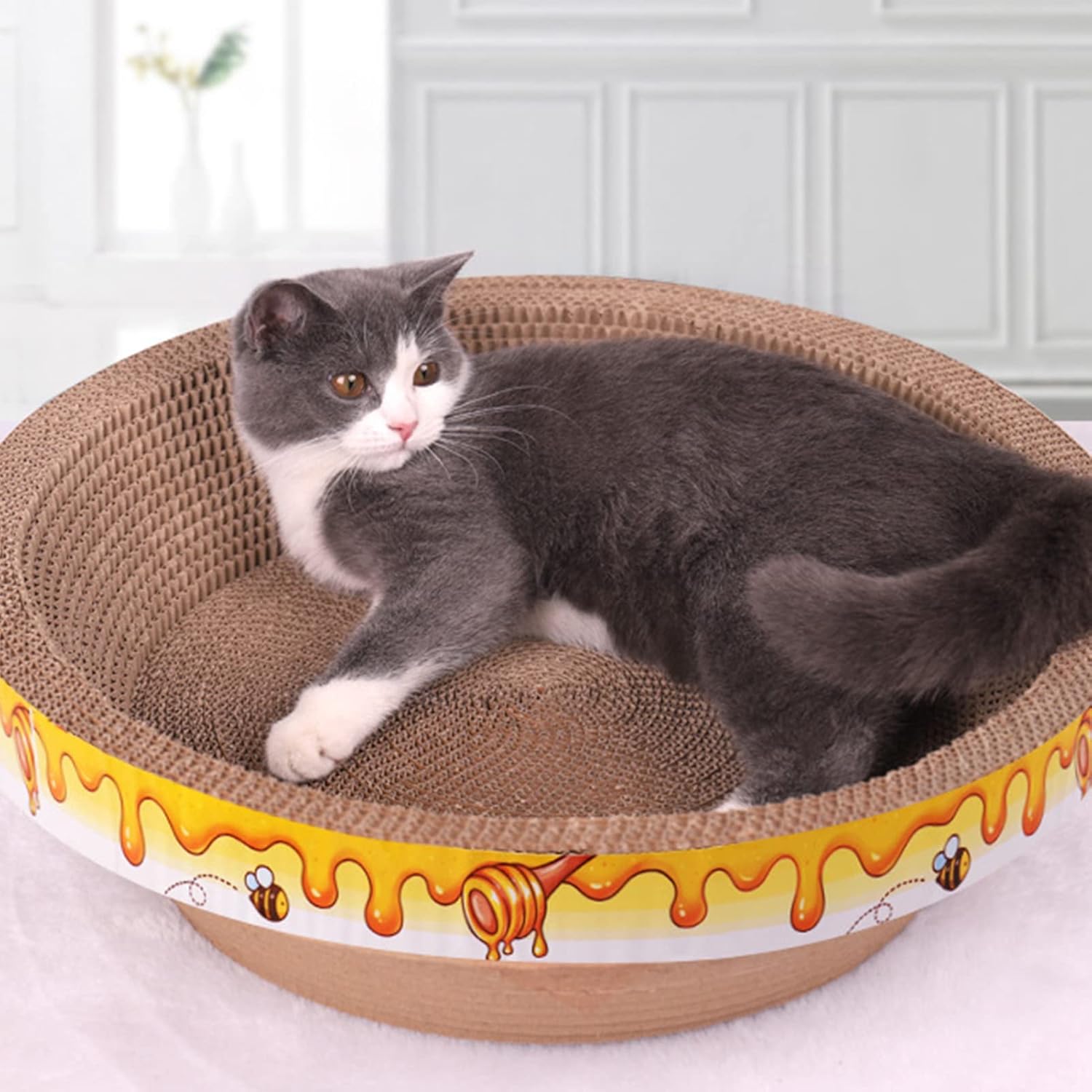 review Cat Scratcher Bed, 13 in Cardboard Scratch Pad Scratching Lounge Bed for Indoor Cats, Round Cat Scratching Bowl for Furniture Protection Training Toy