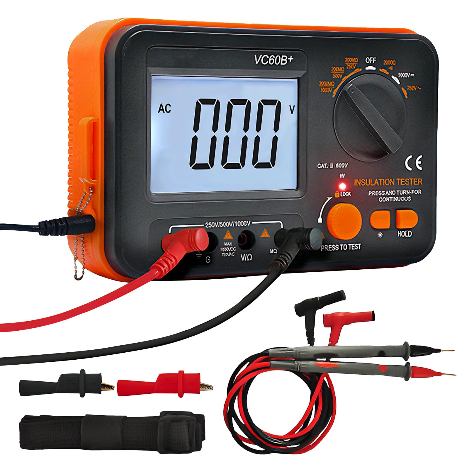 Digital Megohmmeter, Isolationswiderstandstester Isolationswiderstand 0.1MΩ-2GΩ mit 250V/500V/1000V Prüfspannung mit hintergrundbeleuchtetem LCD-Display, Inkl. Messspitzen Krokodilklemmen