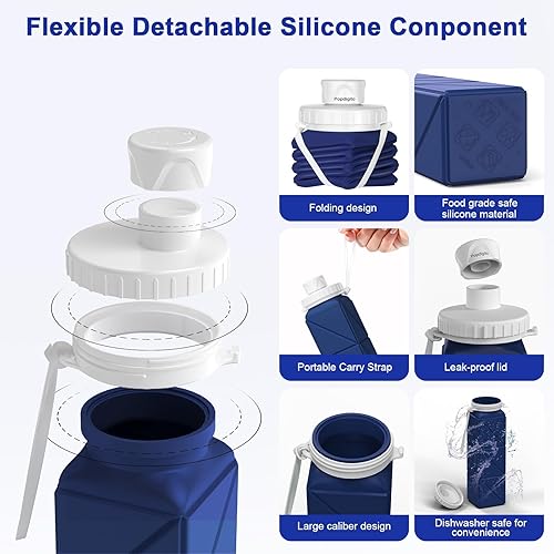 Miniatura 5 de Popdigito Botella de agua plegable con tapa a prueba de fugas, botellas de viaje de silicona de grado alimenticio sin BPA, botellas de agua