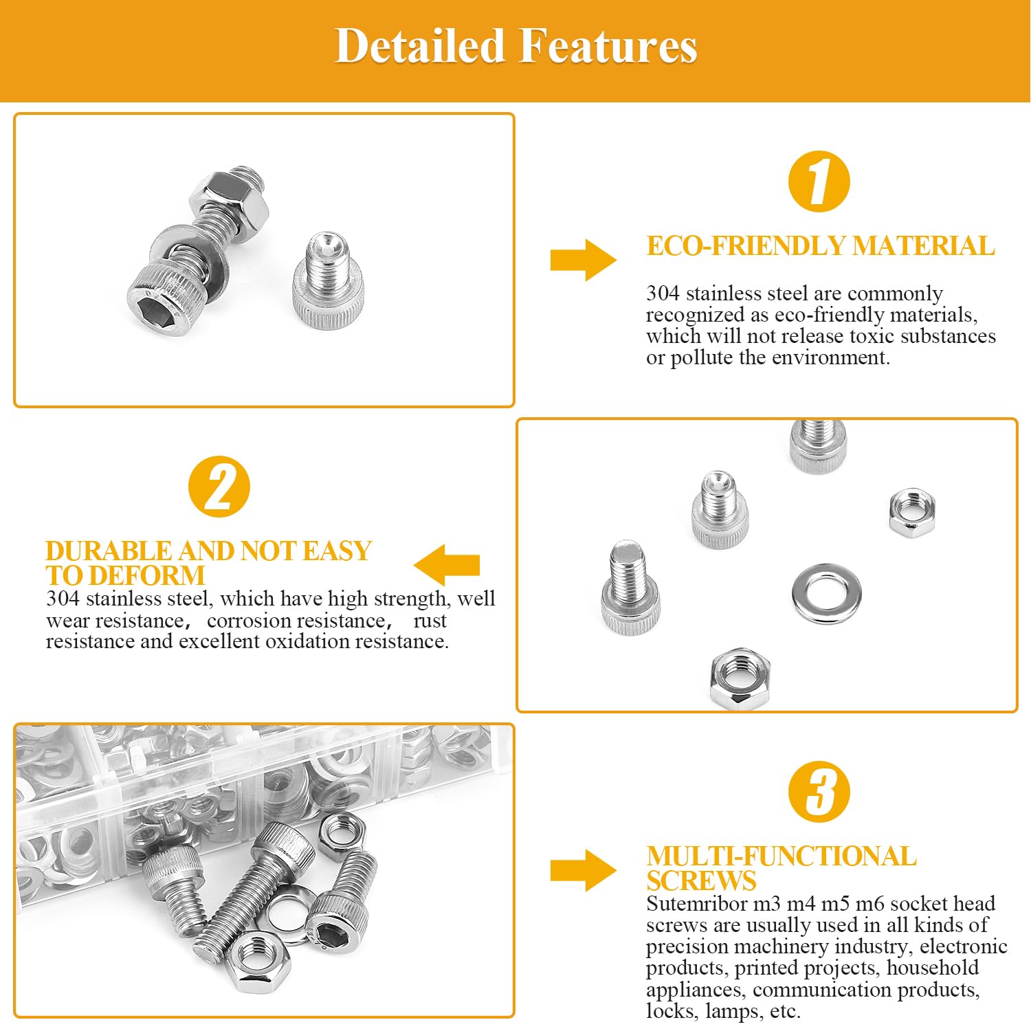 815 Pieces M3 M4 M5 M6 Hex Socket Head Cap Screws Nuts Washers Assortment Kit, Metric Screw Assortment with Hex Wrenches, 304 Stainless Steel, Fully Threaded