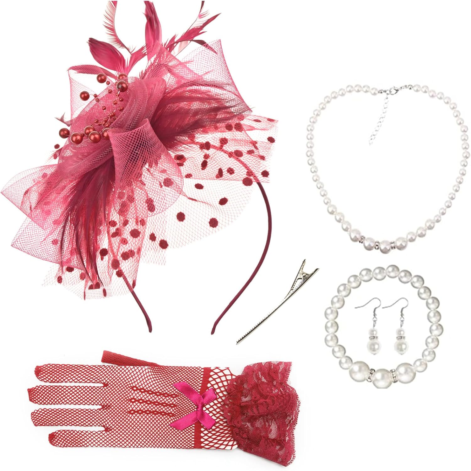 AQOKKA Women's Fascinator Hat Set: Mesh Veil Derby Tea Party Hat, Bow Lace Gloves, Pearl Necklace & Earrings for Wedding Cocktail