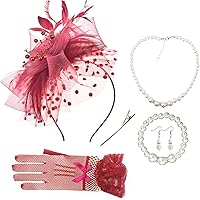 AQOKKA Women's Fascinator Hat Set: Mesh Veil Derby Tea Party Hat, Bow Lace Gloves, Pearl Necklace & Earrings for Wedding Cocktail