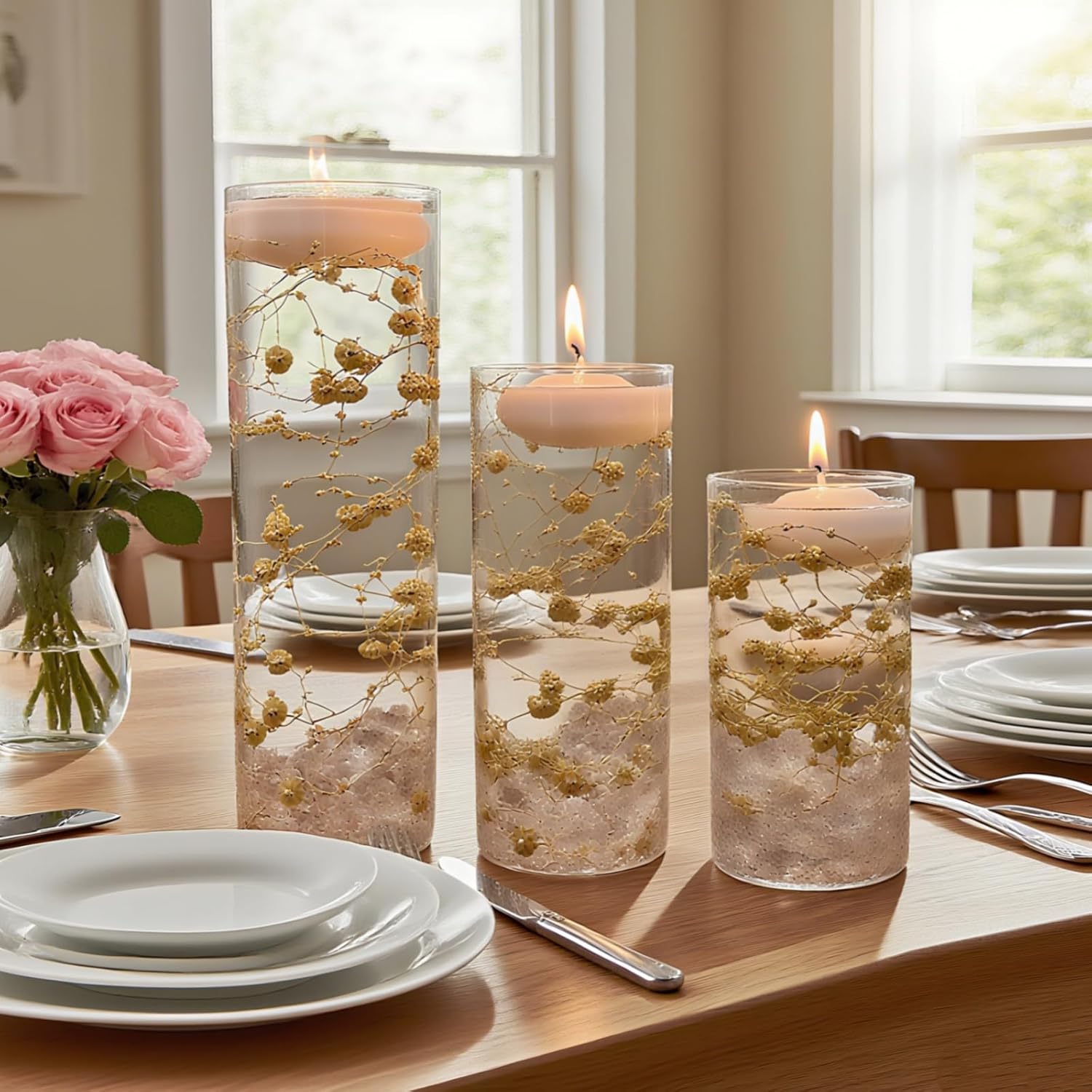 Glass Cylinder Vaseswith White Floating Candles Acrylic Fake Ice Cubes Pearl String Vases Fillers for Table Centerpiece Party Wedding Home Decor (1)
