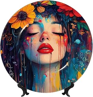 Bohemian Colorful Flower Woman Print Decorative Ceramic Plate With Displ...