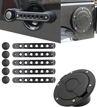 Black Door Handle Inserts with Push Button Covers + Gas Cap Cover for 2007-2017 Jeep Wrangler JK 4-Door