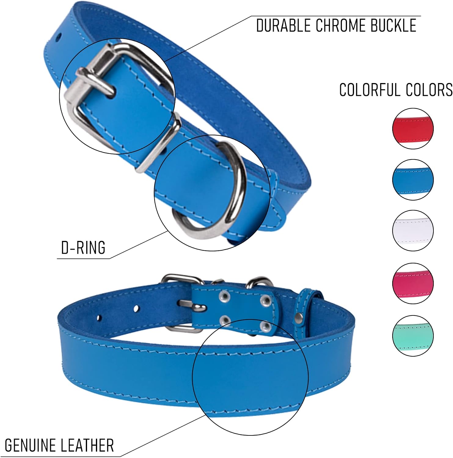 BRONZEDOG Leather Dog Collar with Metal Buckle Adjustable Collars for Small Medium Large Puppy Dogs Pink Red Blue (Neck Size 9" - 10", Blue)