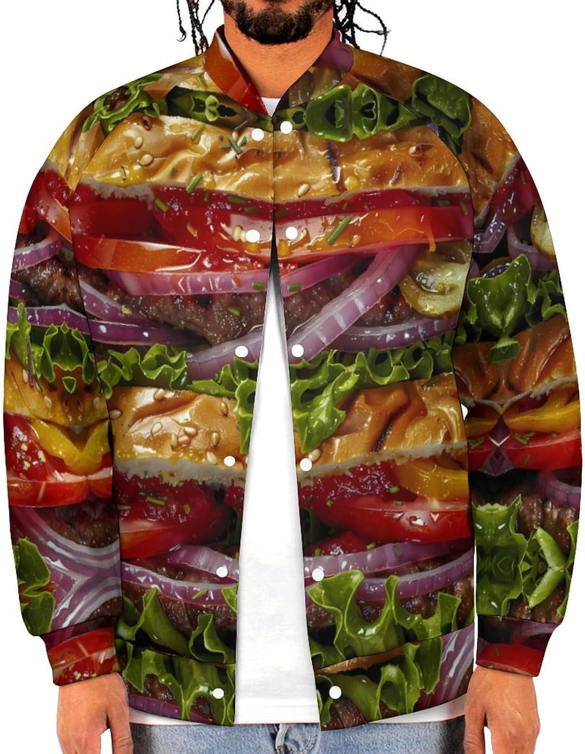 Hamburger Novelty Men's Baseball Jackets Causal Sweatshirt Button Top Long Sleeve Coat