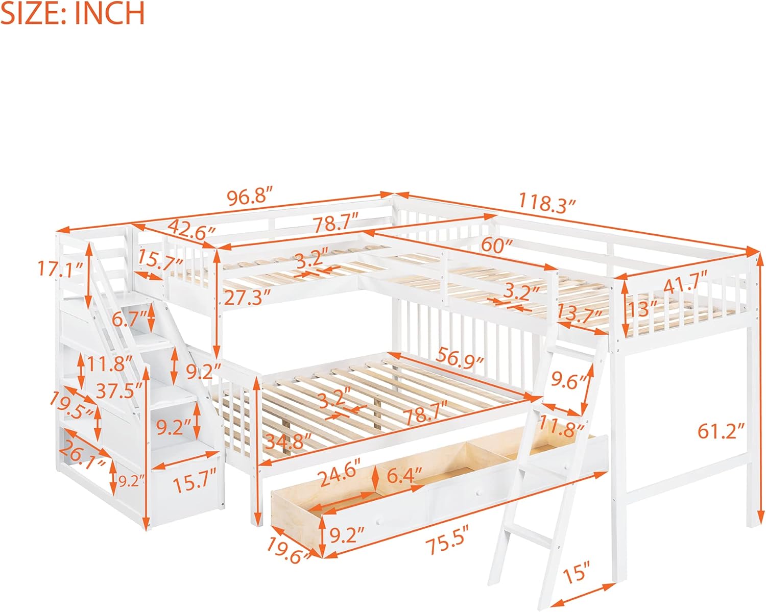 Twin Over Full L-Shaped Bunk Bed with 3 Drawers,Triple Bunk Bed with 3 Drawers and Storage Stairs,Wood Corner Beds for Kids, Teens, Adults (White)