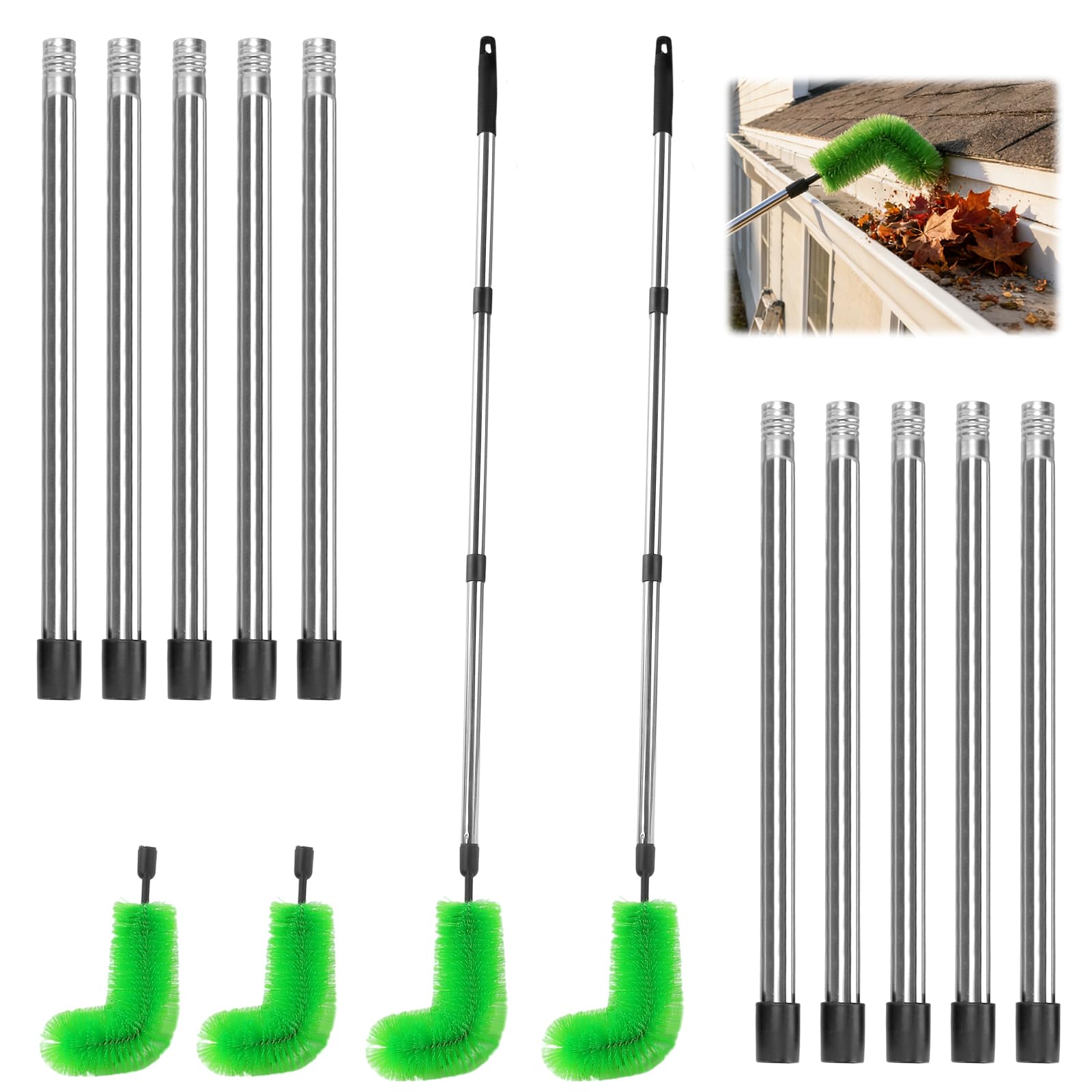 MUKSUET 2 Set 10.2Ft Gutter Cleaning Kit, 16 Pole and 4 Brush Heads Gutter Cleaner Tools, Adjustable Telescopic Gutter Cleaning Brush for Leaves and Spider Webs