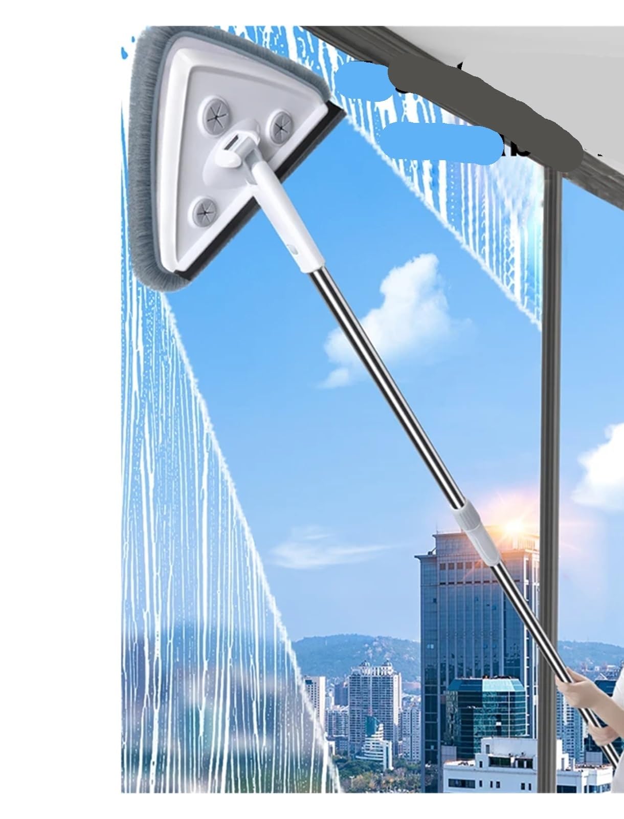 Dreieckiger Glaswischer, Teleskopstange, Fensterreinigungsbürste, Fensterreiniger, Haushaltswerkzeug(4 Cloths White 1m)