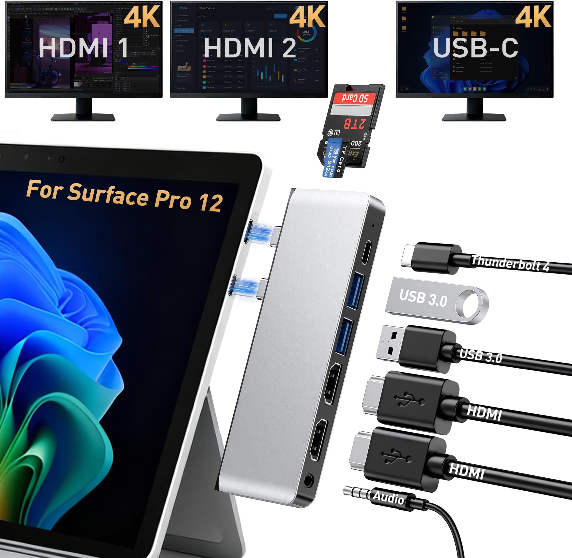 Surface Pro 12 Docking Station, Quad Display Surface Pro 12 USB Hub with Dual 4K HDMI, Thunerbolt 4 Hub (4K@60Hz Display+ 40Gbps Data+ 100W Charge), 2 USB3.0, SD/TF, Audio for Surface Pro 12 inch 2025