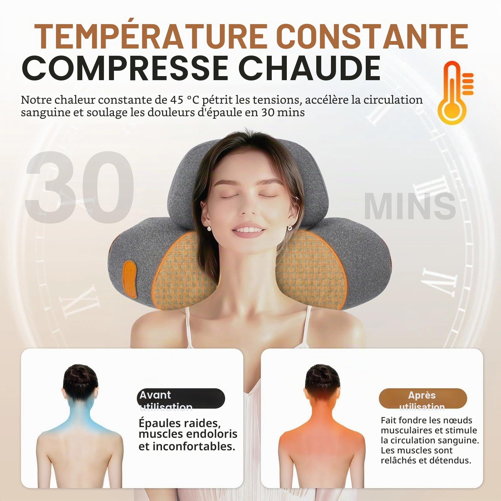 Masseur Cervical avec Chauffage, 3en1 Masseur Dos et Cervicales avec Vibration et Traction, Masseur D'épaules Pour Soulager Les Douleurs Des Tissus Profonds, Gris Foncé