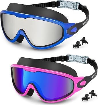 Water Space Swim Goggles 2 Pack for Adult Men Women, Anti-fog UV Protection No Leak 180 Wide View Clear Vision Pool Goggles