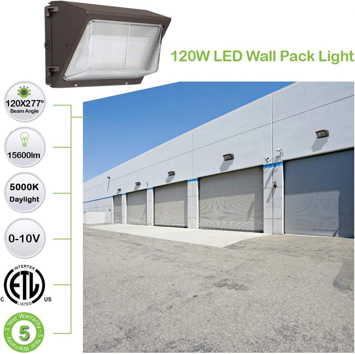 120W 15600lm High-Output LED Wall Pack,Brighter Than 400W MH,Photocell Optional, Outdoor Commercial LED Area Light, 5700K Daylight, DLC Complied