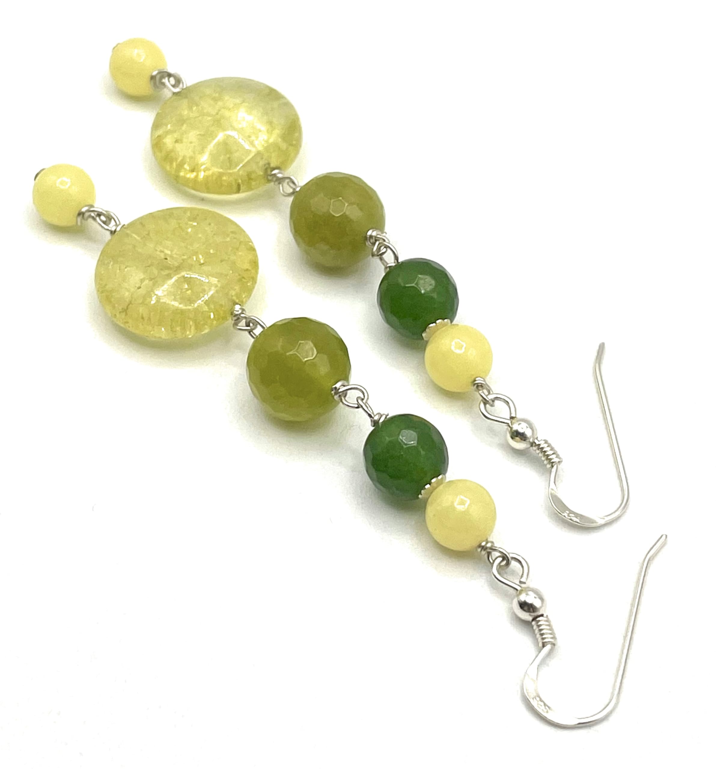 Orecchini Lunghi con Quarzo Giallo e Giada Verde, Pendenti in Argento 925, Gioielli Pietre Dure Naturali, Regalo per Lei, Bijoux Boho