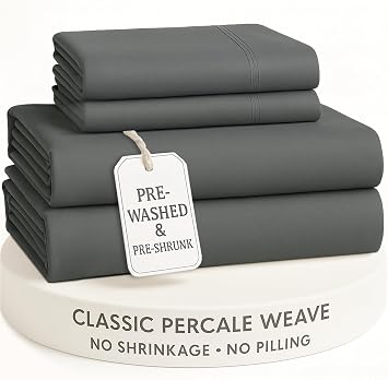 LANE LINEN Queen Sheet Set Long-Staple 100% Cotton, Pre-Shrunk Bed Sheets in Crisp Percale Weave, Made for Everyday Luxury & Soft Comfort Sleep, Low Pill, 15 Deep Pocket Queen Sheets Charcoal