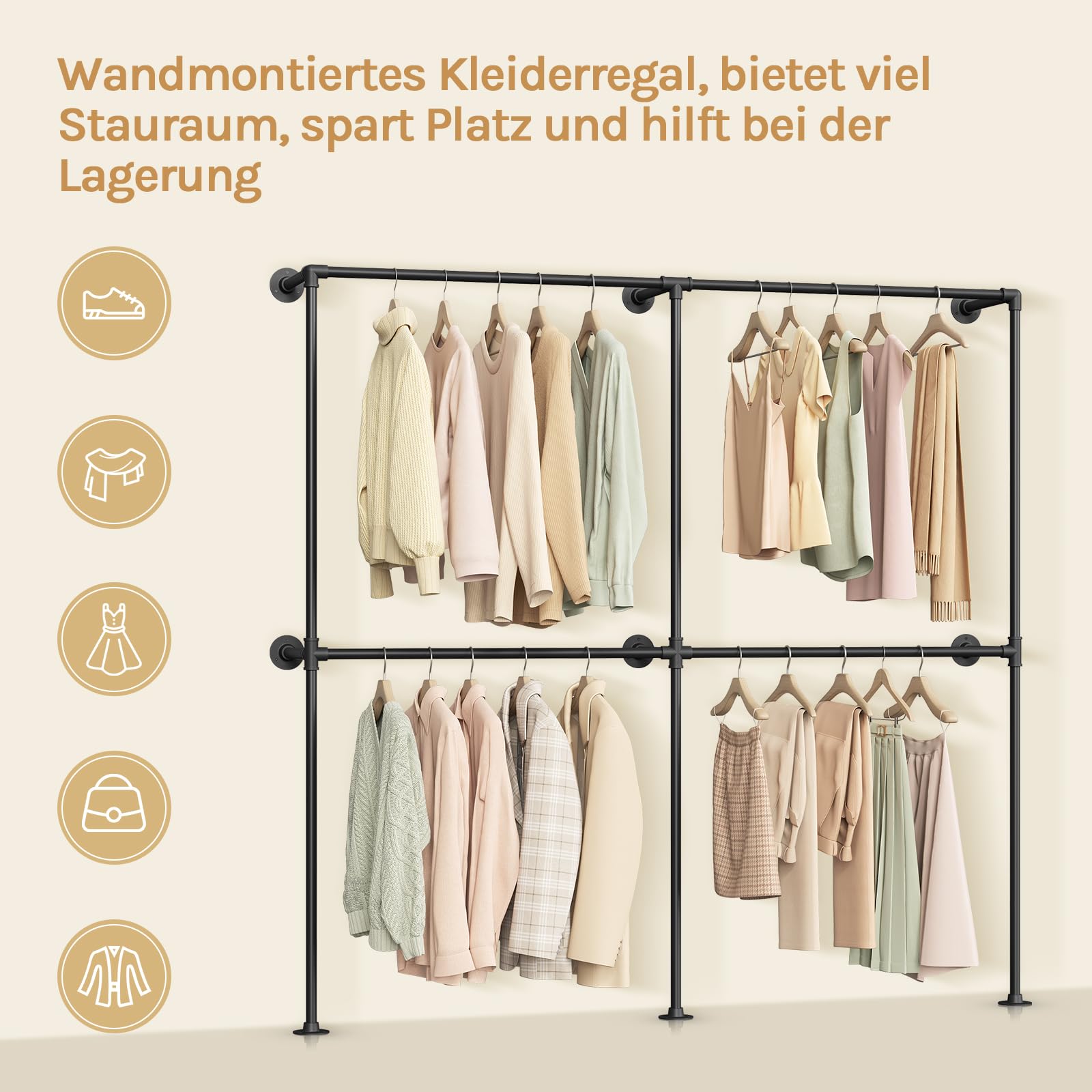 WOLTU Kleiderständer Wandmontage, Offener Kleiderschrank, Garderobenständer industriell, für Wohnzimmer Schlafzimmer Büro, Kleiderstange mit 4 Stangen, Schwarz, 193 x 187 x 36,5 cm