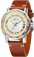 Relógio analógico masculino esqueleto mecânico de vento manual esculpido no mapa do mundo com pulseira de couro genuíno WRG8278M3S3, Prata e ouro, Moderno