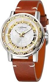 Relógio analógico masculino esqueleto mecânico de vento manual esculpido no mapa do mundo com pulseira de couro genuíno WRG8278M3S3, Prata e ouro, Moderno