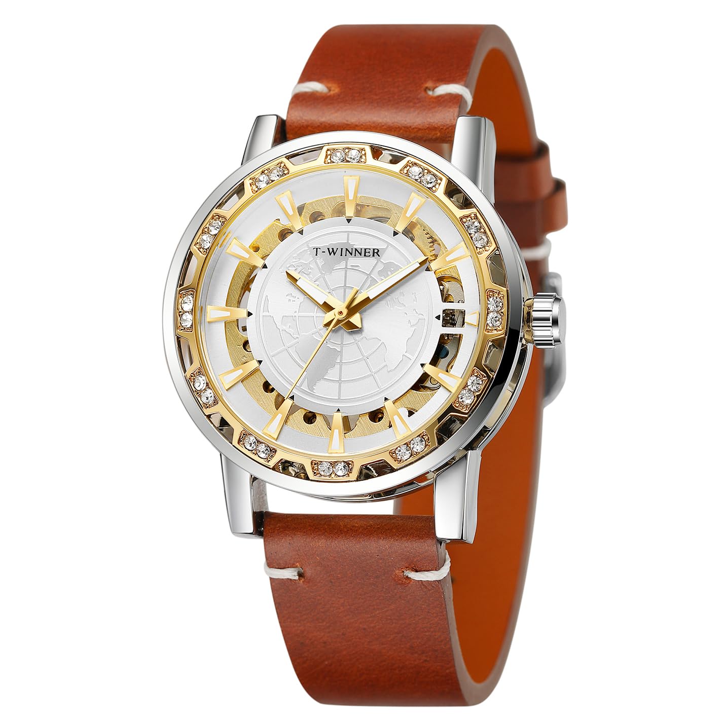 FORSINING Men Manual Wind Mechanical Skeleton World Map Carve Analog Watch with Genuine Leather Strap WRG8278M3S3, Silver and Gold, Modern (B0CNXMS1XD) Amazon Price History, Amazon Price Tracker