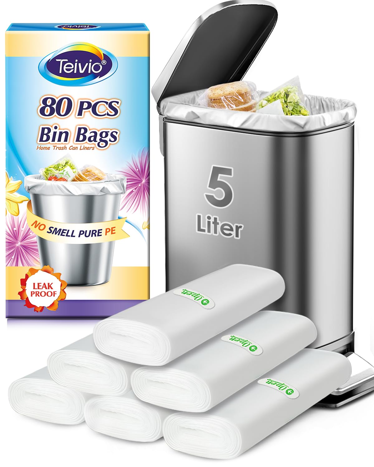 Teivio 5 Liter Small Bin Bags 80 Counts Pedal Bin Liners Thick Plastic Waste Bags for Bathroom, Kitchen, Office, Fit 3,5,6L Rubbish Bin, Clear
