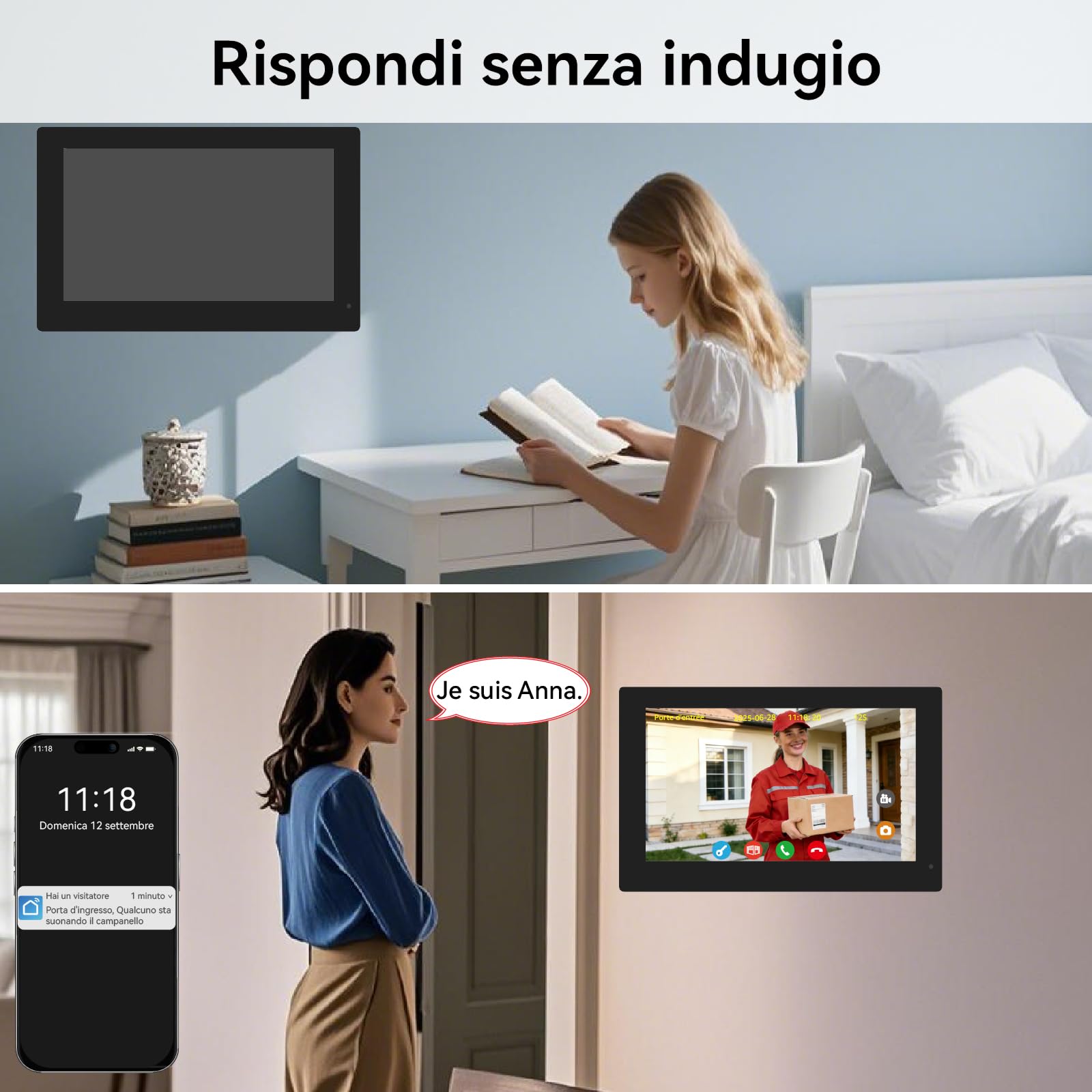 Sistema Videocitofonico Domestico Intelligente, videocitofono cablato con 2 Schermi da 7 pollici, Sblocco Remota, Audio Bidirezionale, RFID, visione notturna,per 2Famiglie