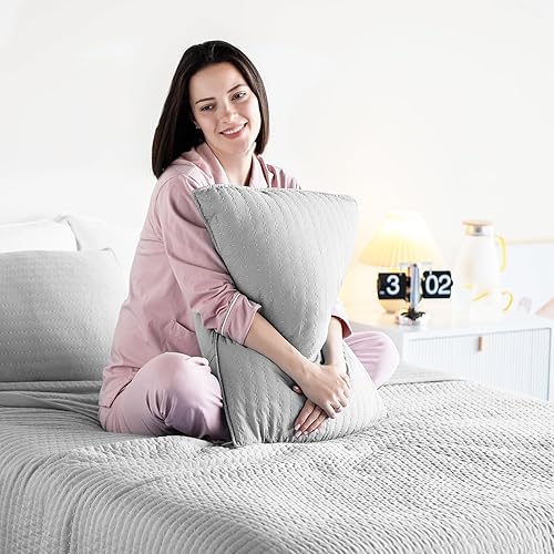 Vista 55 de KASENTEX - Juego de edredón lavable a máquina, cubrecama muy suave, ligero, lavado a la piedra, con costuras detalladas, matrimonial/queen con 2