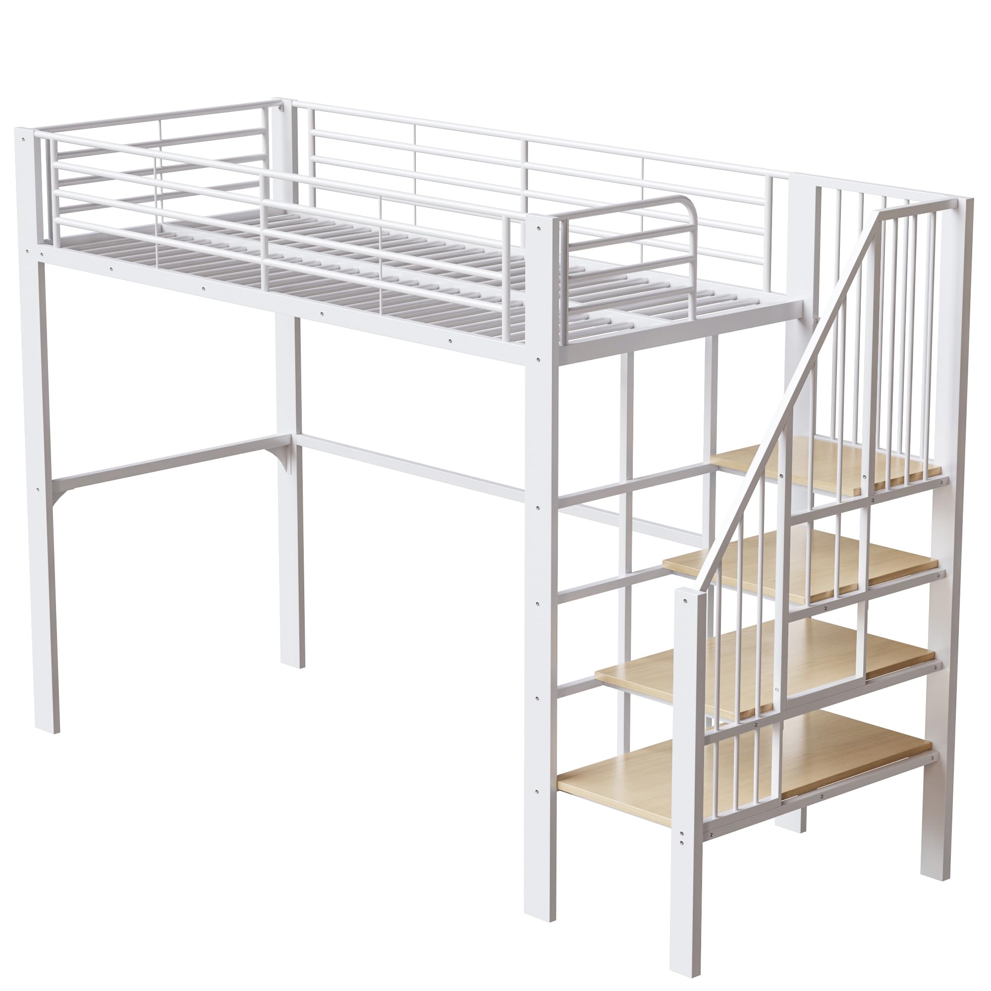 Merax Lit mezzanine 90x200 cm en métal avec échelle et espace de rangement sous le lit, lit simple peu encombrant pour enfants et adultes, lit métallique au design moderne, Blanc (sans matelas)
