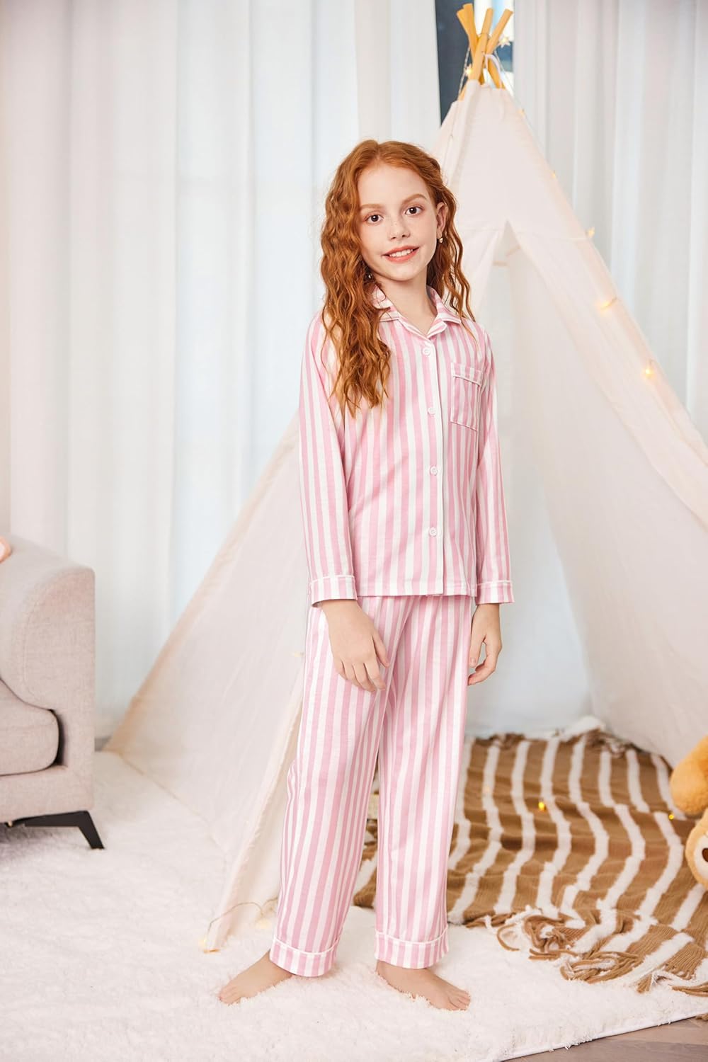 Arshiner Pajamas Set for Girls Plaid Long Sleeve Lounge Set Button Down Pj Sets - Image 2
