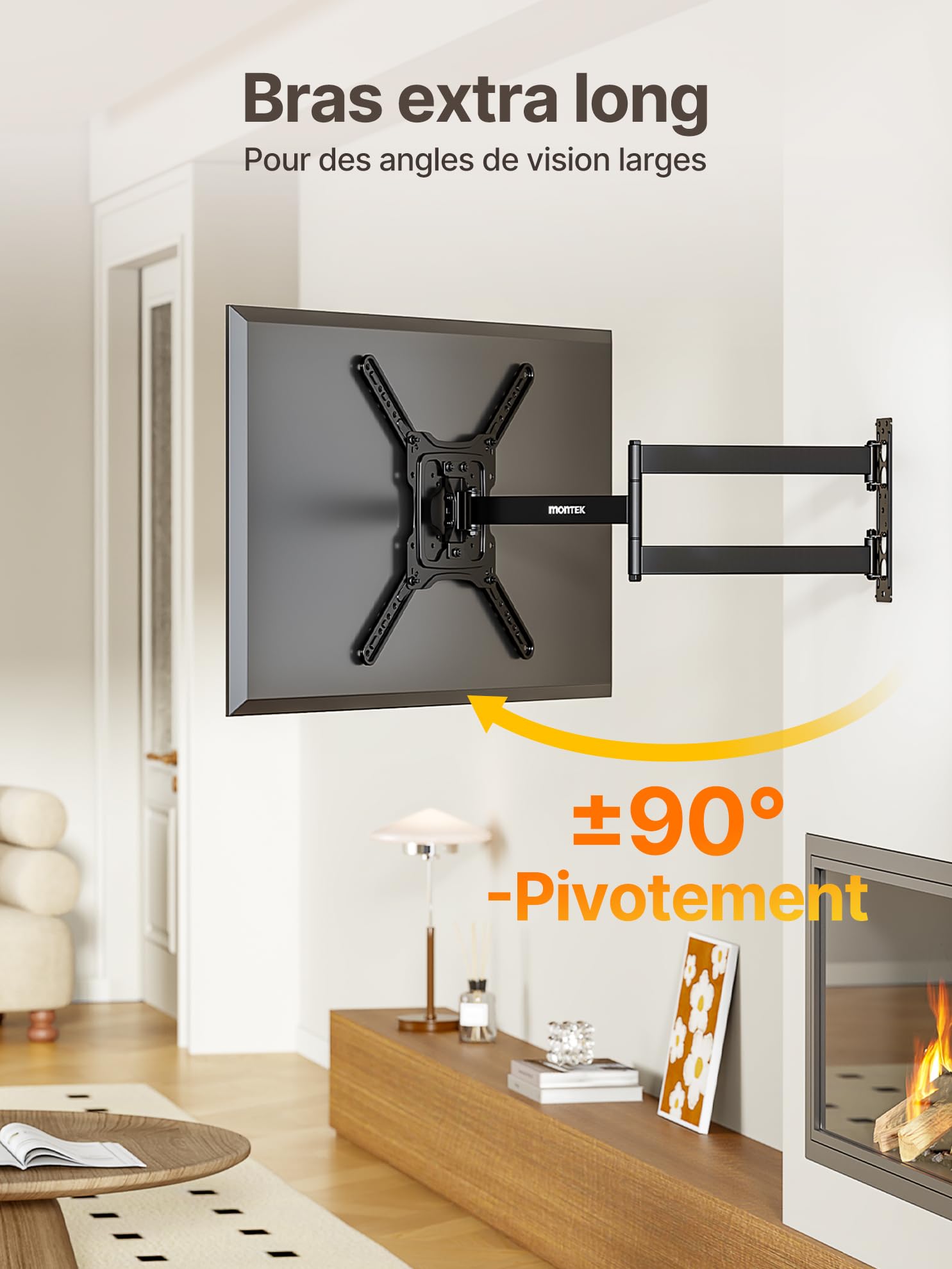 monTEK Support Mural TV à Extra Longue Portée 728mm, pour écrans 23"-65" | Fixation Murale TV jusqu'à 35kg, Orientable et Inclinable, Support TV d'angle, Extension Longue Distance, Max VESA 400x400 mm