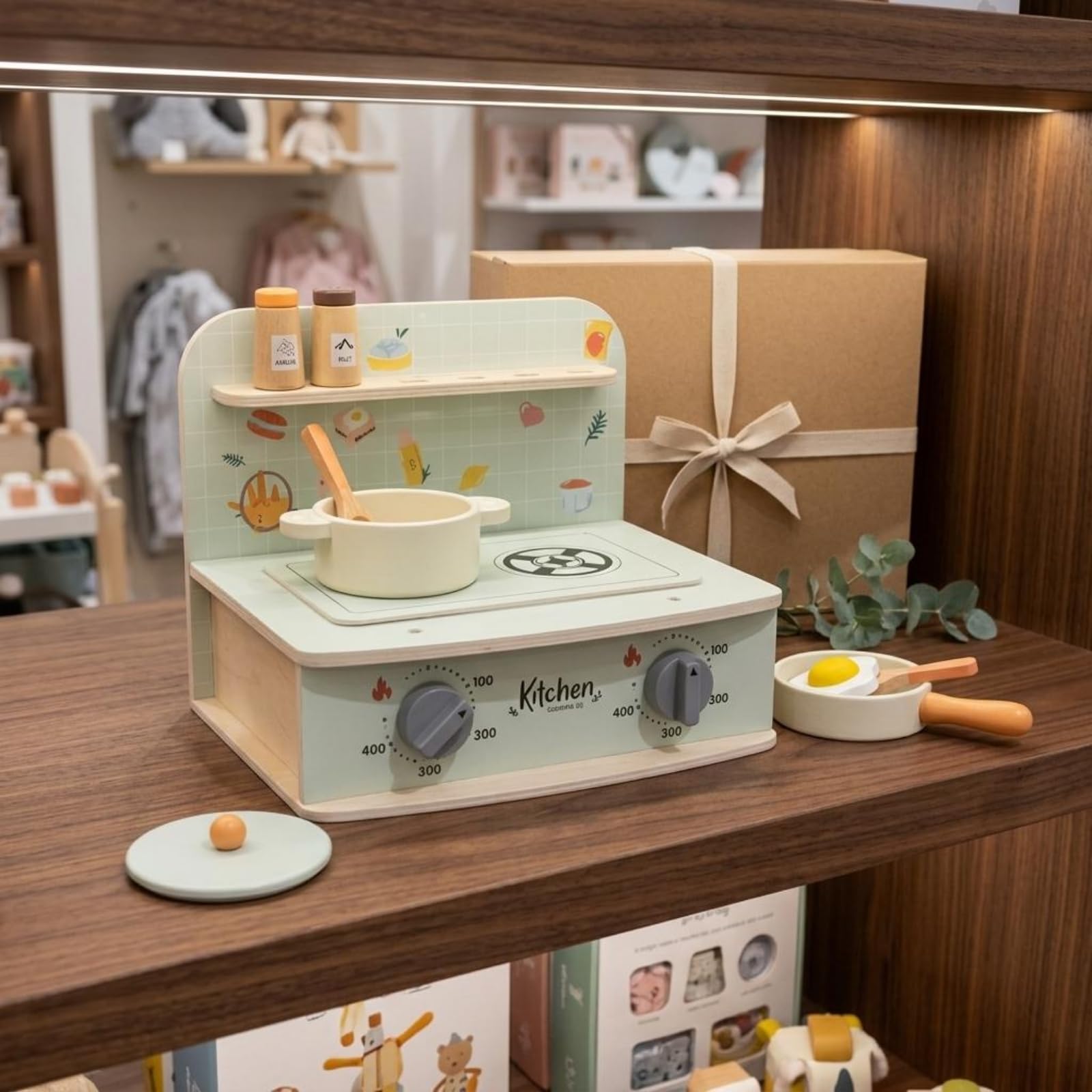 Amagogo Cucina Giocattolo per Bambini Giocattolo Piano Cottura Set Accessori Gioco di Ruolo Legno con Pomelli Grafiche Tema Adatta per Gioco Quotidiano Regali Casa Area