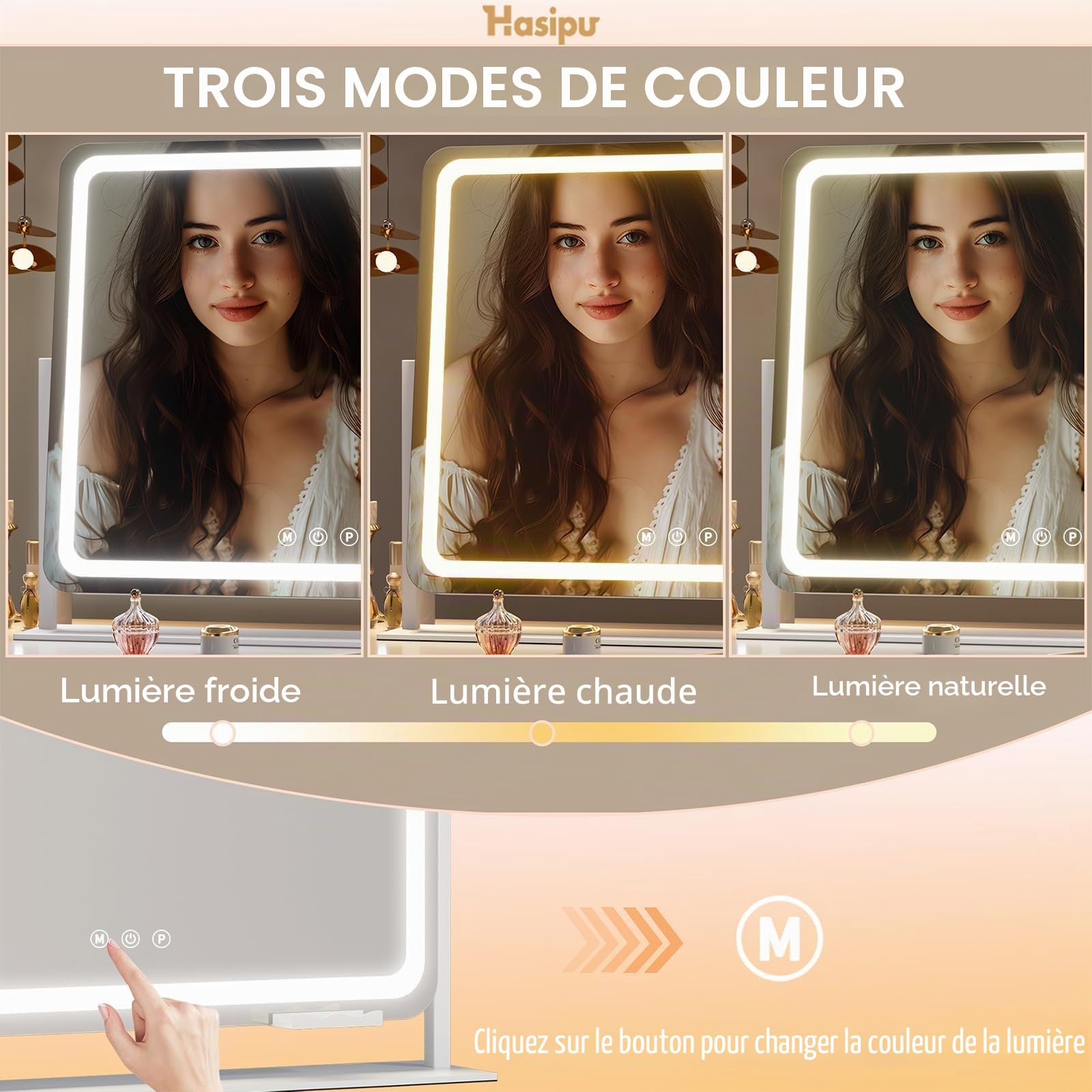 Hasipu Miroir de Maquillage avec éclairage 65 x 54 cm, Miroir de beauté LED avec grossissement 10x, 3 températures de Couleur, Commande Tactile, Rotation à 360°, Blanc Rond