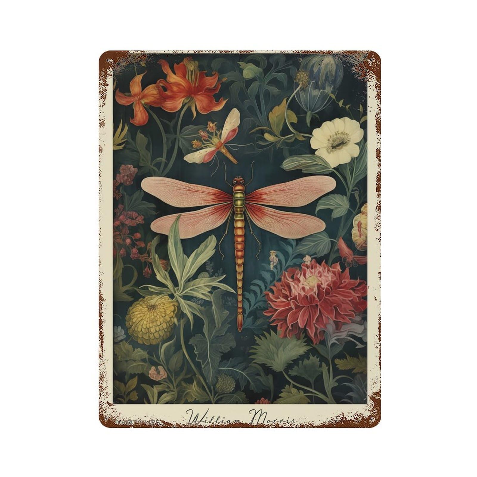Garage Style Dragonfly William Morris Floral Decorative Tin Sign 15.7"x11.8", Rustic Home Decor for Bar And Workshop
