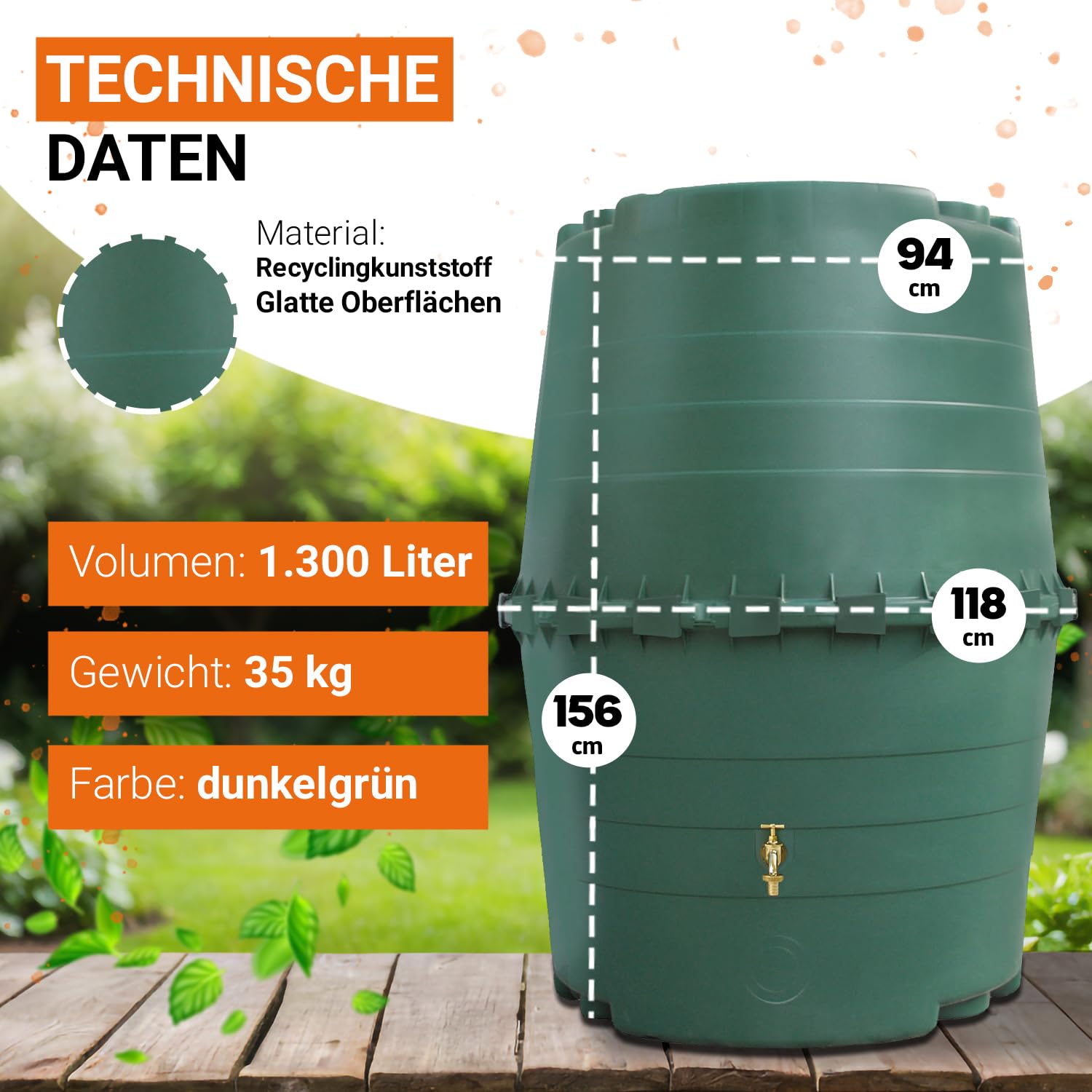 GARANTIA TOP-Tank Regentonne 1300 Liter dunkelgrün - Regenfass, Wassertank, Regenwassertonne, Wassertonnen für Garten, Wasserbehälter, Weithalsfass, Fass, Regenwassertank, Wasserfass