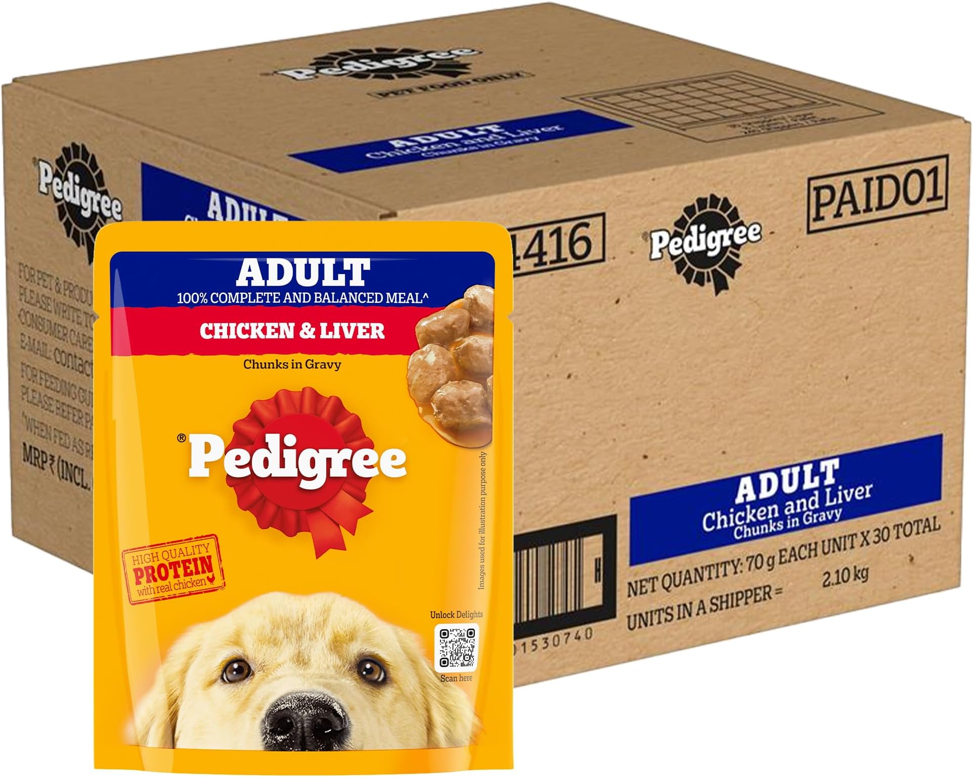Adult Wet Dog Food, Chicken & Liver Chunks in Gravy, 70 g (Pack of 30), Complete & Balanced Meal for Adult Dogs