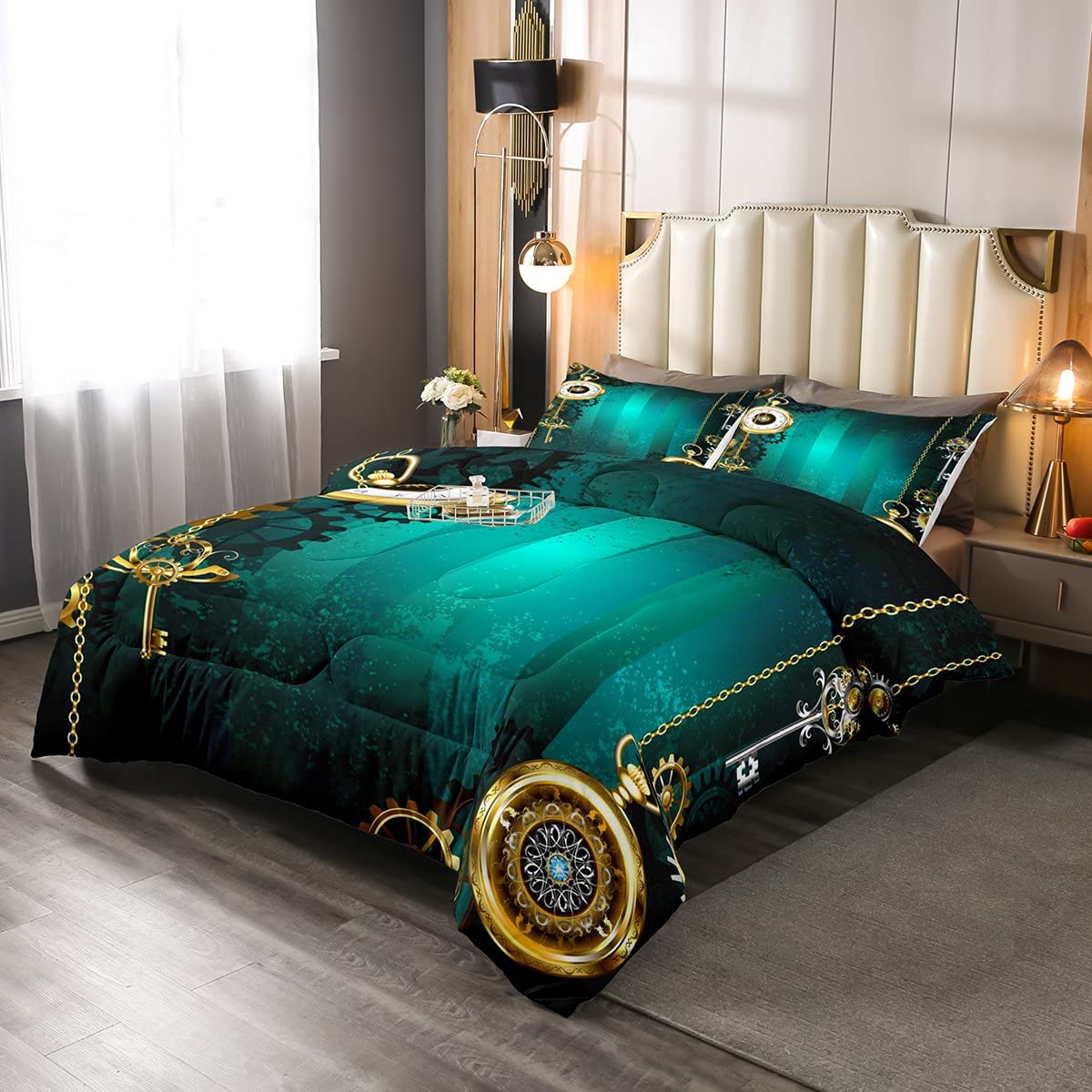 Steampunk biżuteria złoty zegarek pościel zestaw dla dzieci dziewcząt chłopców zegary koła kołder mechaniczny łańcuszek i klucze wkładka kołdrę/kołdra retro zielona tekstura puchowa kołdra king size